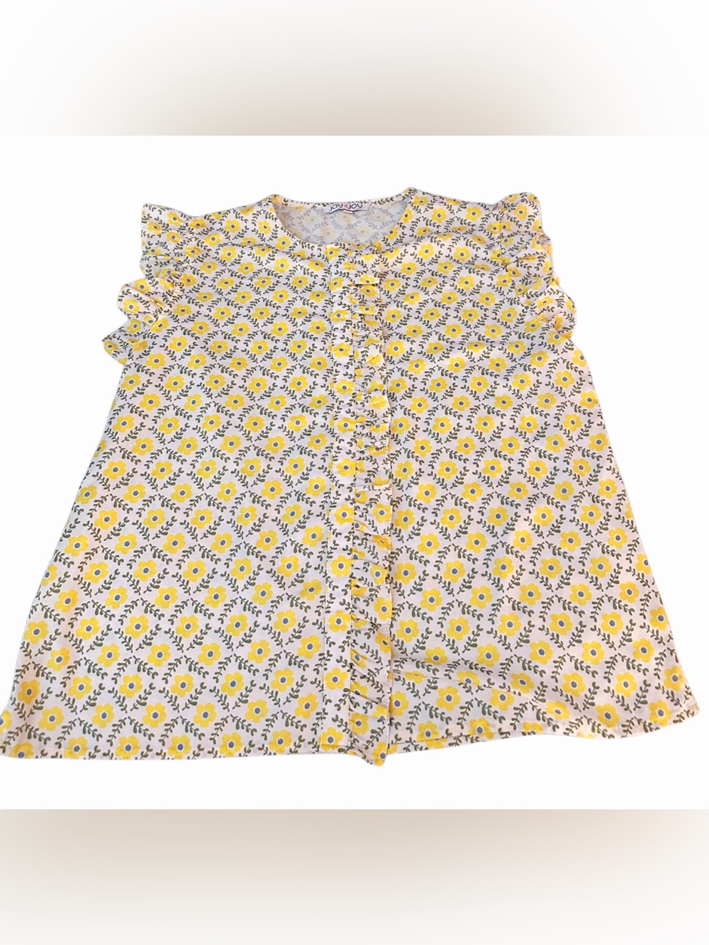 Joy Joy Floral Ruffle Blouse Women’s XL Yellow Daisy Print 100% Viscose